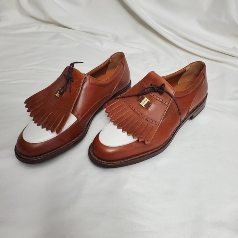Salvatore Ferragamo SPORT Vintage Leather Kiltie Golf Shoes - Tan & White